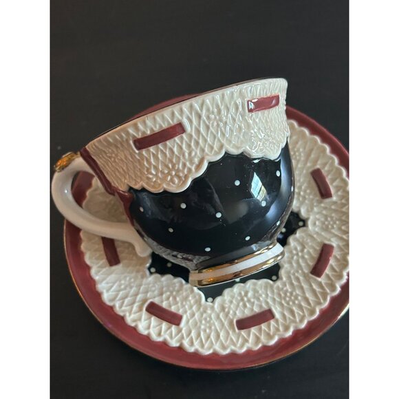 Sandy Clough Claudette Cup & Saucer Set Black & White Polka Dots Lace Detailing - Picture 12 of 12